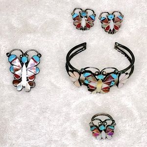 Vintage Inlay Turquoise MOP Navajo Zuni Ring Bracelet Brooch Clip On Earrings